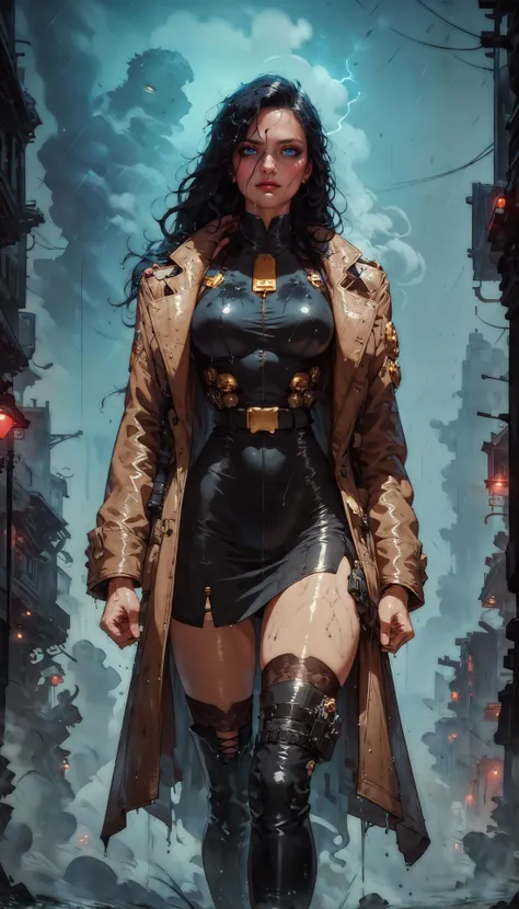 score_9, score_8_up, score_7_up, score_6_up, 1girl, (solo), black hair, noir, gold body jewelry, wet hair, cute detective, shiny skin, wet skin, trench coat, fedora, holster, belts, thighhighs, blue eyes BREAK dark new york streets, raining, walking in the storm, smoke, fog, lightning in background, knva, halftone effect, Expressiveh <lora:sinfully_stylish_SDXL> <lora:add-detail-xl:1> <lora:xl_more_art-full_v1:0.7> <lora:Kenva:1> <lora:Concept Art Twilight Style SDXL_LoRA_Pony Diffusion V6 XL:1> <lora:jl33XLP:0.8> <lora:Expressive_H-000001:0.8>