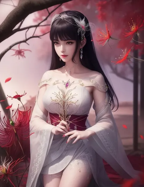 ultra realistic 8k cg, picture-perfect face, flawless, clean, masterpiece, professional artwork, famous artwork, cinematic lighting, cinematic bloom, perfect face, beautiful face, fantasy, dreamlike, unreal, science fiction, beautiful clothes, lace, lace trim, lace-trimmed legwear, (rich:1.4), prestige, luxury, jewelry, diamond, gold, pearl, gem, sapphire, ruby, emerald, intricate detail, delicate pattern, charming, alluring, seductive, erotic, enchanting, hair ornament, necklace, earrings, bracelet, armlet,halo
((,1girl, pov,))(((,spider lily, branch, 1girl, tree,, solo, petals, black_hair, japanese_clothes,looking at viewer, ))) <lora:DA_XiaoWuGodClothes3.0:0.6>