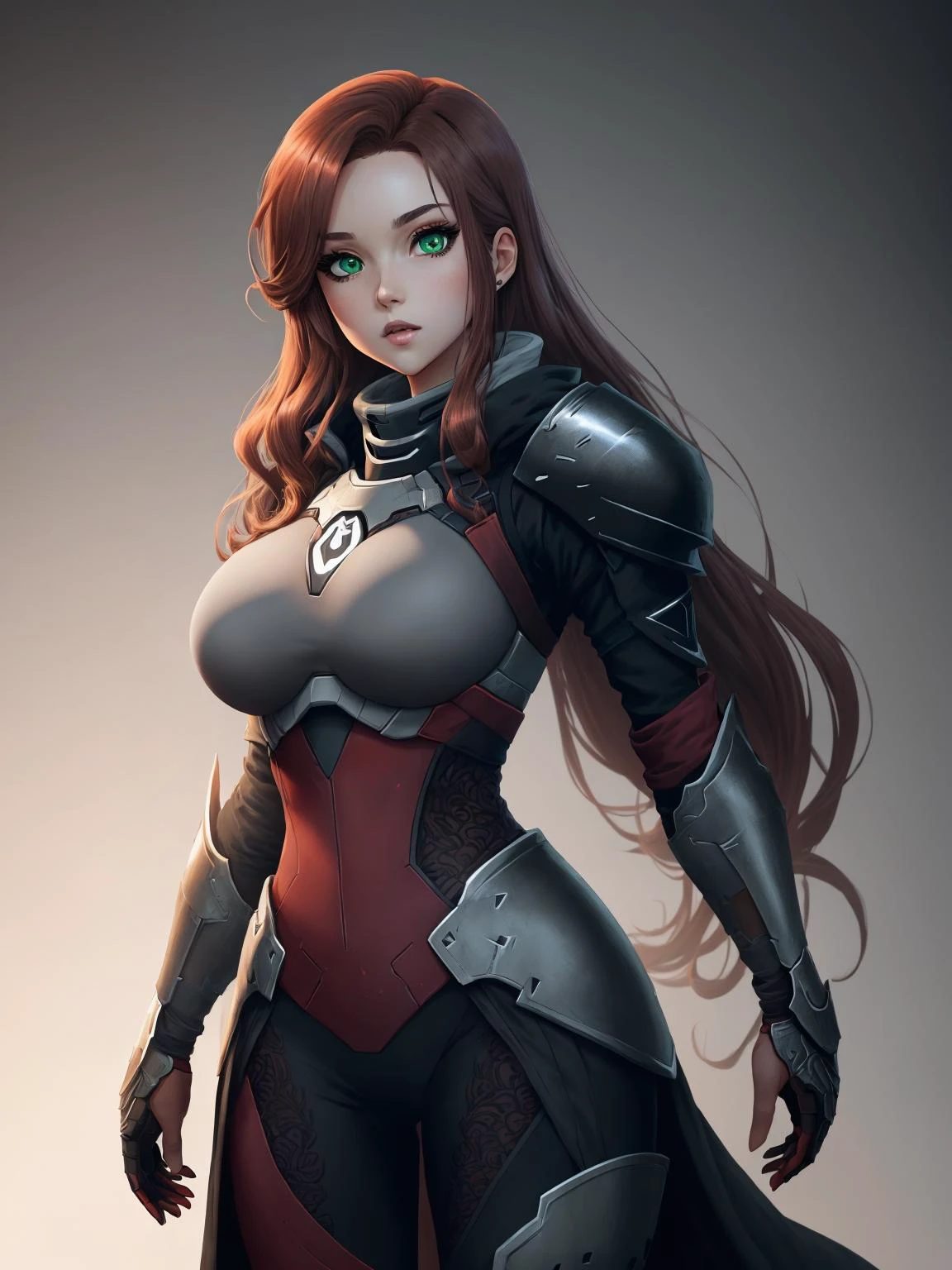 anime artwork anime style, green eyes,anime girl,anime woman waist up, ((wearing intricate black and matte grey Destiny 2 armor)), ((large breast)),((super long straight reddish brown hair)) . anime style, key visual, vibrant, studio anime, highly detailed