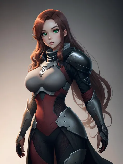 anime artwork anime style, green eyes,anime girl,anime woman waist up, ((wearing intricate black and matte grey Destiny 2 armor)), ((large breast)),((super long straight reddish brown hair)) . anime style, key visual, vibrant, studio anime, highly detailed