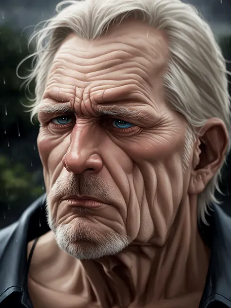 cinematic film still in the style of Adam Hughes, close up of old man face, rain, sad . shallow depth of field, vignette, highly detailed, high budget, bokeh, cinemascope, moody, epic, gorgeous, film grain, grainy