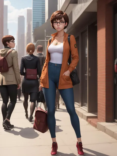 Fairy tale in the style of artgerm, (full body shot),\"Imagine Velma Dinkley, the intelligent and resourceful member of the Mystery Inc. gang, in a contemporary setting. Visualize her standing in the heart of a bustling city with modern architecture and the sounds of urban life in the background. Describe her appearance in this modern context while keeping it respectful and true to her character.\n\nStart with her hair, which is traditionally brown and bobbed. Envision Velma with a modern hairstyle that reflects her practicality and intellect. Her hair might be slightly updated with a neat and functional style that suits her on-the-go lifestyle.\n\nVelma's eyes, known for their sharpness and analytical gaze, continue to convey her intelligence and problem-solving abilities in this new setting. Describe how her eyes remain focused and determined, reflecting her unwavering curiosity and keen observation skills, even amidst the dynamic city life.\n\nNow, focus on her clothing. Picture Velma in modern and practical attire that aligns with her investigative nature. She might be wearing a comfortable yet stylish outfit, equipped with pockets for her essential gadgets and a pair of sensible shoes for her adventures. Explore how her clothing choices balance functionality with a touch of contemporary fashion.\n\nAs she stands amidst the urban hustle and bustle, how does her presence command respect and convey her intellect? How does her modern appearance reflect her adaptability and her ability to solve mysteries and tackle challenges in the modern era while remaining true to her character?\n\nPaint a vivid picture of Velma Dinkley in this modern environment, capturing how her enduring intellect and unwavering determination continue to shine through in the modern world. . Magical, fantastical, enchanting, storybook style, highly detailed