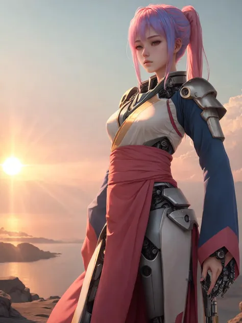 ((best quality)),((masterpiece)),((realistic)),1girl,cute,hanfu,red|pink|blue hair,mecha musume,mechanical parts,morning glow,pastel sky,cool tones,sun rays,soft light,peaceful atmosphere,early morning serenity,8K,OC rendering,Unreal Engine,<lora:A-Mecha-REN[color_theme,mecha musume, mechanical parts, robot joints,headgear,full armor]:0.5:char>,