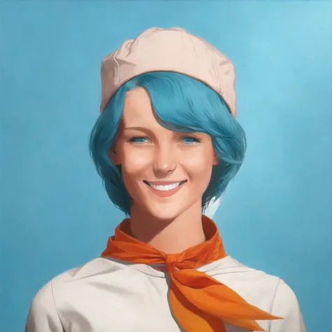 <lora:dopingpong:1>, dopingpong, painting \(medium\),blue dress, blue eyes, blue hair, blush, bust, dress, hat, long hair, looking at viewer, neckerchief, shirt, smile, solo