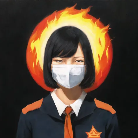 <lora:dopingpong:1>, dopingpong, painting_\(medium\),
1girl, empty eyes, expressionless, employee uniform, fire on face, fire on hair, black hair