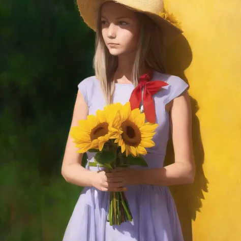 <lora:dopingpong:1>, dopingpong, painting_\(medium\),
1girl, bare arms, blue ribbon, bouquet, bow, collarbone, dress, flower, grey dress, hat, hat bow, holding, holding bouquet, long dress, long hair, looking at viewer, purple bow, purple hair, ribbon, sleeveless, sleeveless dress, solo, standing, straight hair, straw hat, sun hat, sundress, sunflower, very long hair, yellow eyes, yellow flower, yellow headwear