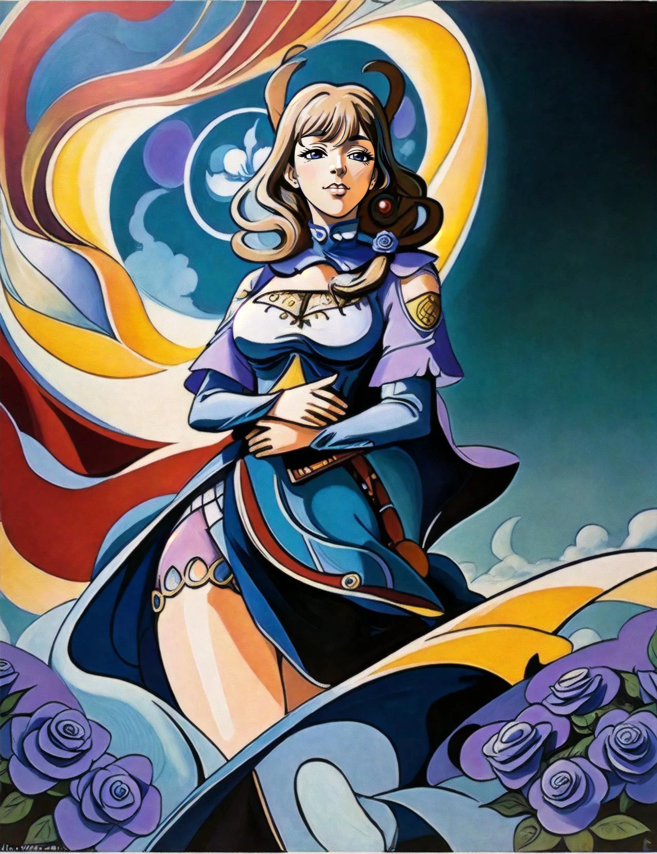 90 style, illustration, retro style (by Katsuhiro Otomo), dark fantasy (anime:1.2), (big eyes:1.1) , manga, smiling, IMAX, complex detailed, (best quality:1.2), ((anime)) a gentle girl magick (Hands hugging a magical creature:1.2), Beautiful field of blue roses in the background, (genshin impact:1.1), <lora:genshinfull1:0.9> (lisadef:1.3), (( by Ali Erturk)) <lora:Artaa:0.7>