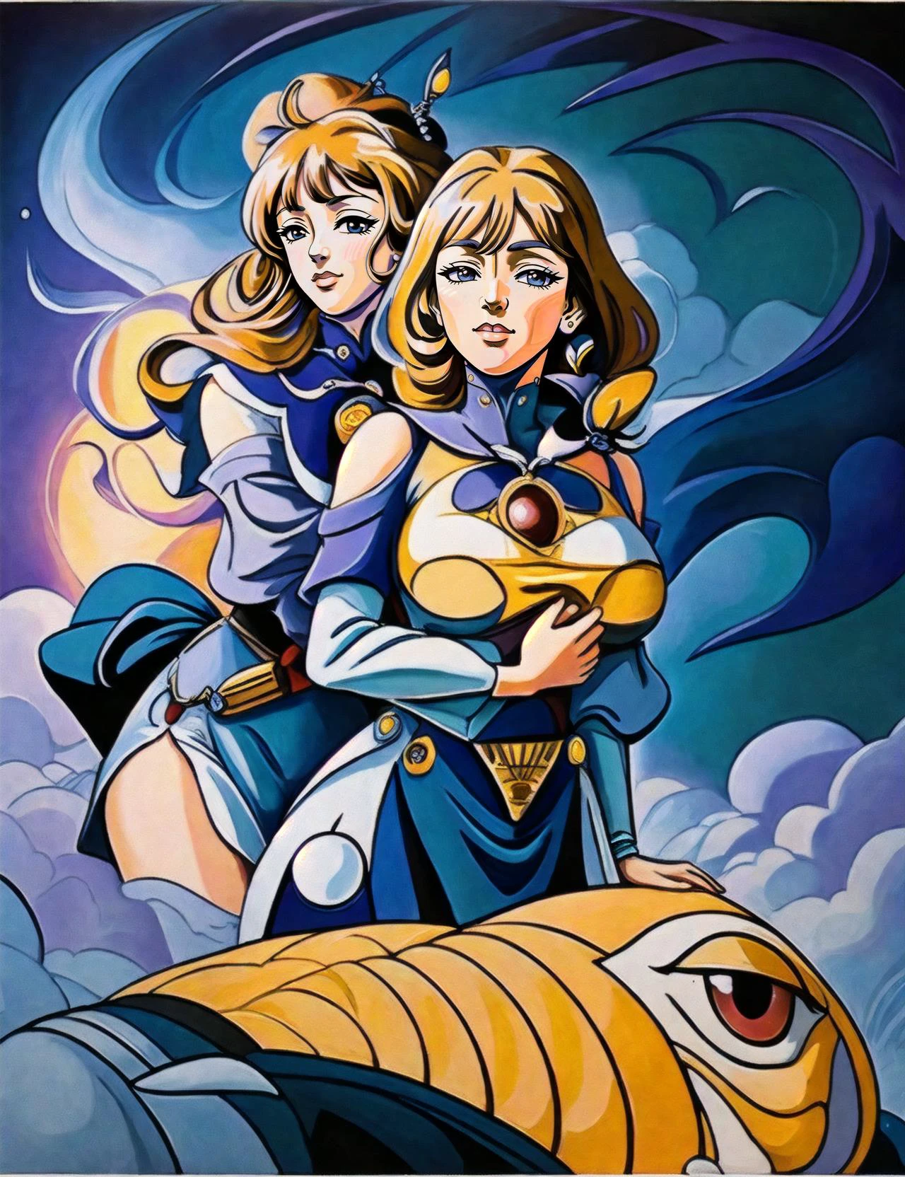 90 style, illustration, retro style (by Katsuhiro Otomo), dark fantasy (anime:1.2), (big eyes:1.1) , manga, smiling, IMAX, complex detailed, (best quality:1.2), ((anime)) a gentle girl magick (Hands hugging a magical creature:1.2), Beautiful field of blue roses in the background, (genshin impact:1.1), <lora:genshinfull1:0.9> (lisadef:1.3), (( by Ali Erturk)) <lora:Artaa:0.7>