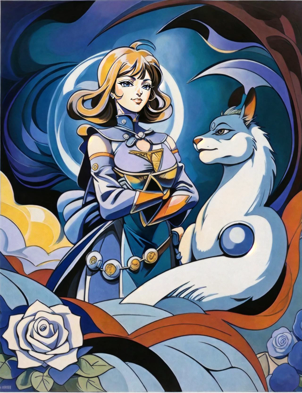 90 style, illustration, retro style (by Katsuhiro Otomo), dark fantasy (anime:1.2), (big eyes:1.1) , manga, smiling, IMAX, complex detailed, (best quality:1.2), ((anime)) a gentle girl magick (Hands hugging a magical creature:1.2), Beautiful field of blue roses in the background, (genshin impact:1.1), <lora:genshinfull1:0.9> (lisadef:1.3), (( by Ali Erturk)) <lora:Artaa:0.7>