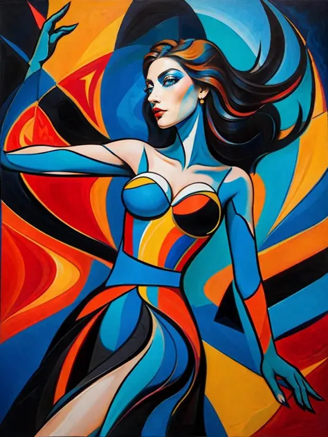 A solo redhead woman, with blue eyes and long hair styled on one side up, is captured in a photo flirting to the camera while holding an electric guitar, wearing a black skirt and pleated skirt, illustration, abstract, <lora:Artaa:0.8> air, painting,