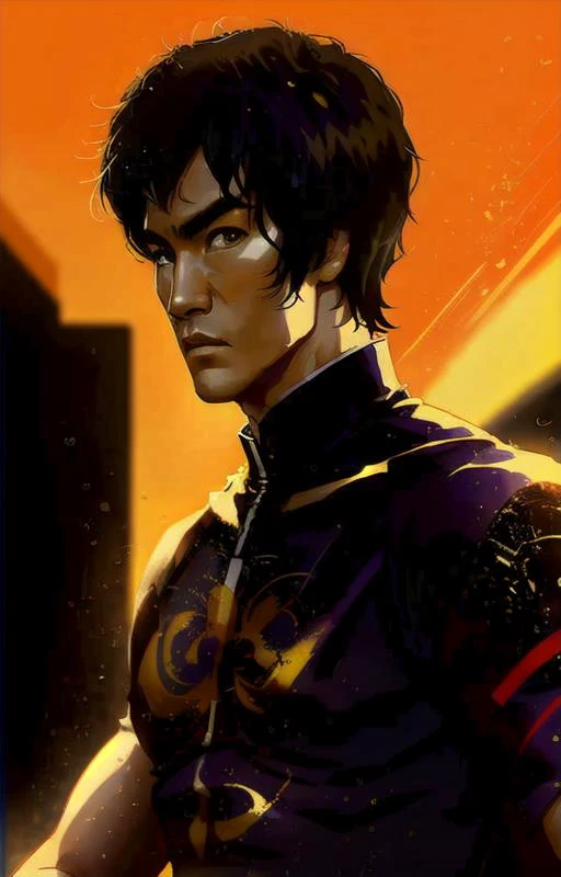 portrait of sks person, Bruce lee, bold, bright colours, sexy, detailed face, looking at viewer, martial arts in background <lyco:bruceLee_v10:1.3>