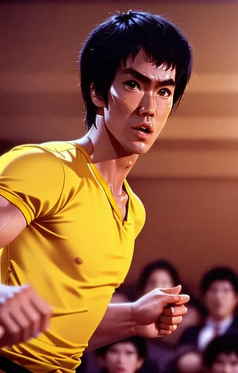 portrait of sks person, Bruce lee, bold, bright colours, sexy, detailed face, looking at viewer, martial arts in background <lyco:bruceLee_v10:1.3>