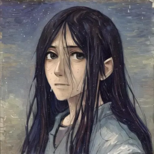 masterpiece, best quality, sweat,(sadako_yamamura), <lora:Sadakobest:0.8>, <lora:fakeVanGoghStyle_v10:1>, portrait, upperbody, beautiful night sky,