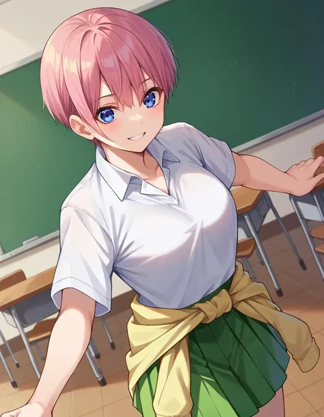score_9, score_8_up, score_7_up, source_anime,
ichikanakano, <lora:ichika-nakano-pruned-ponyxl-lora-nochekaiser:1>,
ichika nakano, short hair, bangs, blue eyes, hair between eyes, pink hair, pixie cut, smile,
skirt, shirt, school uniform, white shirt, short sleeves, pleated skirt, shoes, socks, collared shirt, black footwear, sweater, white socks, green skirt, loafers, clothes around waist,
indoors, classroom,
looking at viewer, cowboy shot, dynamic pose, dutch angle,