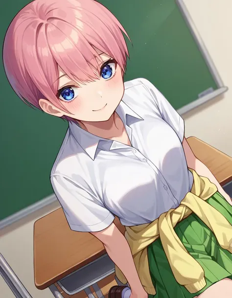 (Highest quality, 4K, 8k, High resolution, masterpiece:1.2), Very detailed, Picturesque, Anime-style photos, Photo Animation:1.37)、Japanese、(Pink Hair)、(Pixie Cut)、classroom、standing、uniform、(White shirt)、(Yellow-green checkered skirt)、skirt lift、frightened、sweat、drooling、bottomless、vapor、Black choker、pussy juice、Full body photography、Nakano Ichika