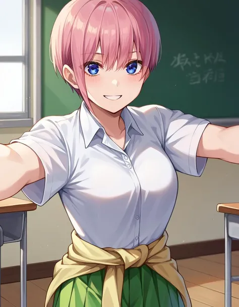 score_9, score_8_up, score_7_up, source_anime,
ichikanakano, <lora:ichika-nakano-pruned-ponyxl-lora-nochekaiser:1>, 
ichika nakano, short hair, bangs, blue eyes, hair between eyes, pink hair, pixie cut, smile,
skirt, shirt, school uniform, white shirt, short sleeves, pleated skirt, shoes, socks, collared shirt, black footwear, sweater, white socks, green skirt, loafers, clothes around waist,
indoors, classroom, 
looking at viewer, cowboy shot, dynamic pose, dutch angle,