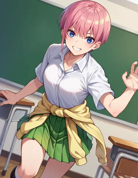 score_9, score_8_up, score_7_up, source_anime,
ichikanakano, <lora:ichika-nakano-pruned-ponyxl-lora-nochekaiser:1>,
ichika nakano, short hair, bangs, blue eyes, hair between eyes, pink hair, pixie cut, smile,
skirt, shirt, school uniform, white shirt, short sleeves, pleated skirt, shoes, socks, collared shirt, black footwear, sweater, white socks, green skirt, loafers, clothes around waist,
indoors, classroom,
looking at viewer, cowboy shot, dynamic pose, dutch angle,