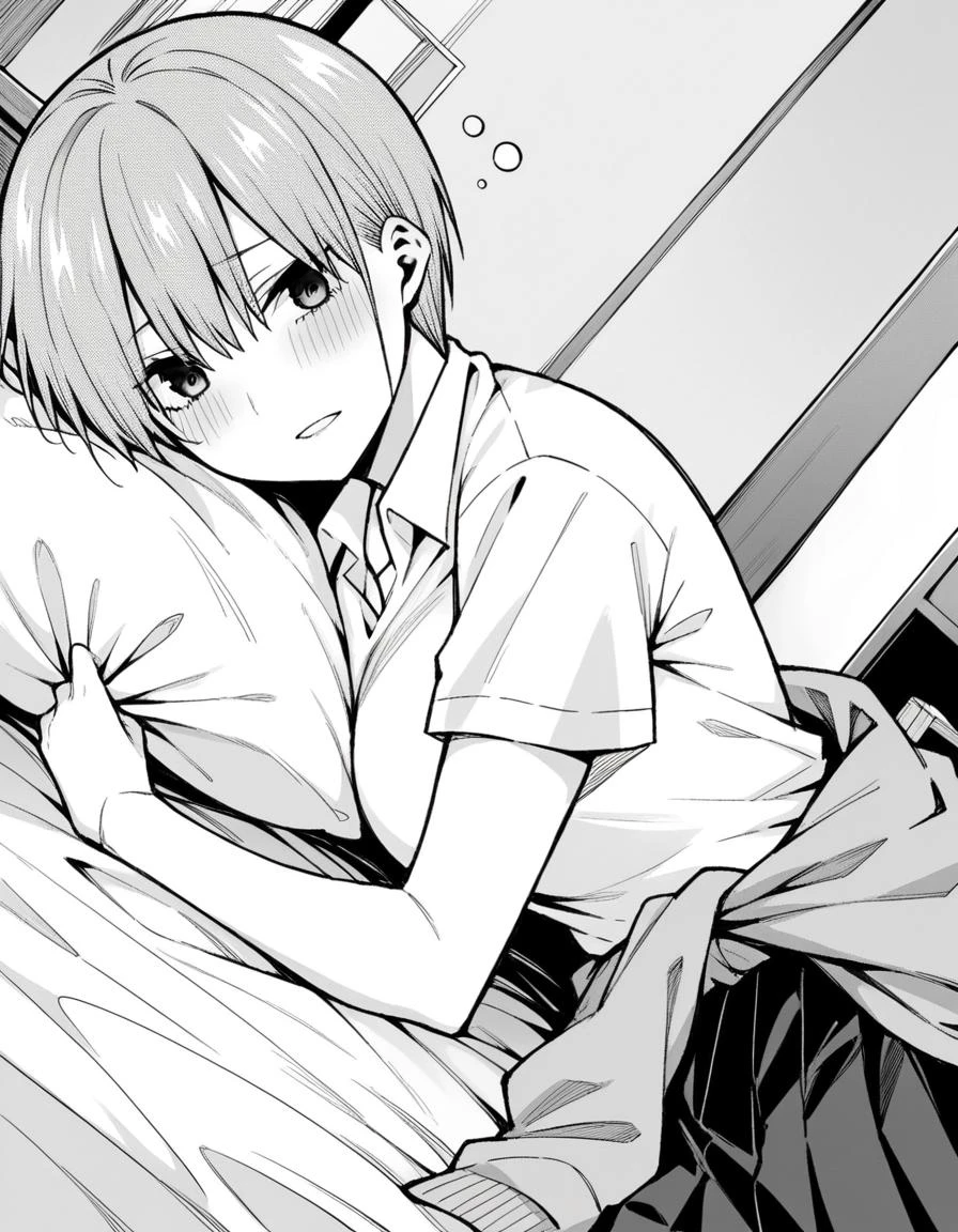 score_9, score_8_up, score_7_up, source_anime,
ichikanakano, <lora:ichika-nakano-manga-ponyxl-lora-nochekaiser:1>,
ichika nakano, short hair, bangs, hair between eyes, monochrome, greyscale,
skirt, shirt, school uniform, white shirt, short sleeves, pleated skirt, collared shirt, sweater, clothes around waist,
indoors, bed, bed room, on side, blush, drunk,
looking at viewer, cowboy shot, dutch angle, solo, mature female,