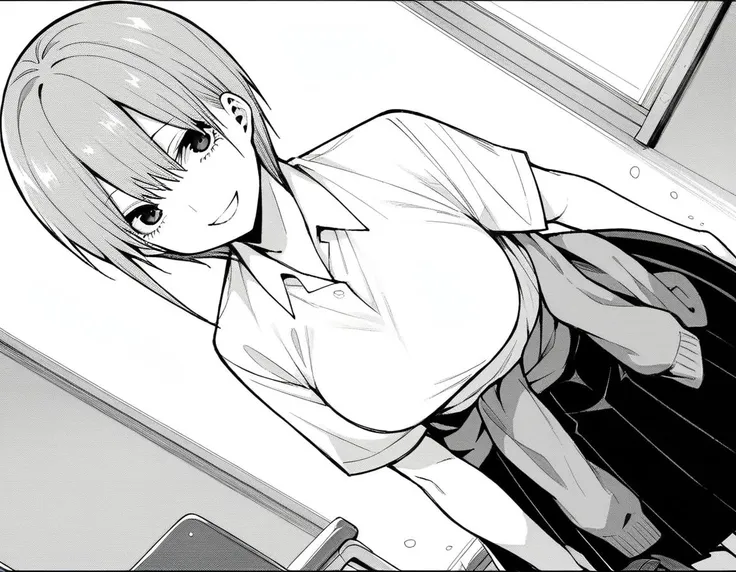 score_9, score_8_up, score_7_up, source_anime,
ichikanakano, <lora:ichika-nakano-manga-ponyxl-lora-nochekaiser:1>,
ichika nakano, short hair, bangs, hair between eyes, monochrome, greyscale,
skirt, shirt, school uniform, white shirt, short sleeves, pleated skirt, shoes, socks, collared shirt, black footwear, sweater, white socks, loafers, clothes around waist,
indoors, classroom, smile, bent over,
looking at viewer, cowboy shot, dutch angle, solo, mature female,