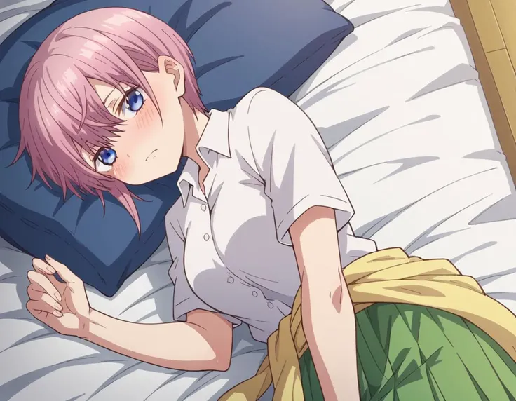 score_9, score_8_up, score_7_up, source_anime,
ichikanakano, <lora:ichika-nakano-s1-ponyxl-lora-nochekaiser:1>,
ichika nakano, short hair, bangs, blue eyes, hair between eyes, pink hair, pixie cut,
skirt, shirt, school uniform, white shirt, short sleeves, pleated skirt, collared shirt, sweater, green skirt, clothes around waist,
indoors, bed, bed room, on side, blush, drunk,
looking at viewer, cowboy shot, dutch angle, solo,