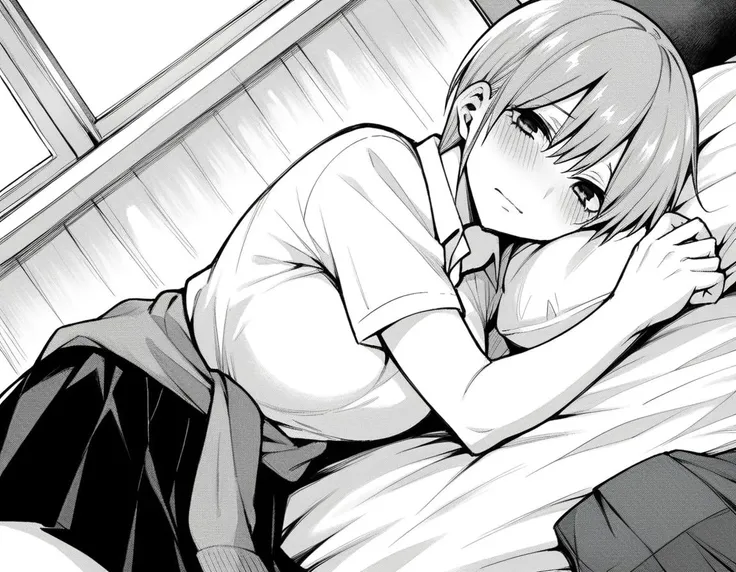 score_9, score_8_up, score_7_up, source_anime,
ichikanakano, <lora:ichika-nakano-manga-ponyxl-lora-nochekaiser:1>,
ichika nakano, short hair, bangs, hair between eyes, monochrome, greyscale,
skirt, shirt, school uniform, white shirt, short sleeves, pleated skirt, collared shirt, sweater, clothes around waist,
indoors, bed, bed room, on side, blush, drunk,
looking at viewer, cowboy shot, dutch angle, solo, mature female,