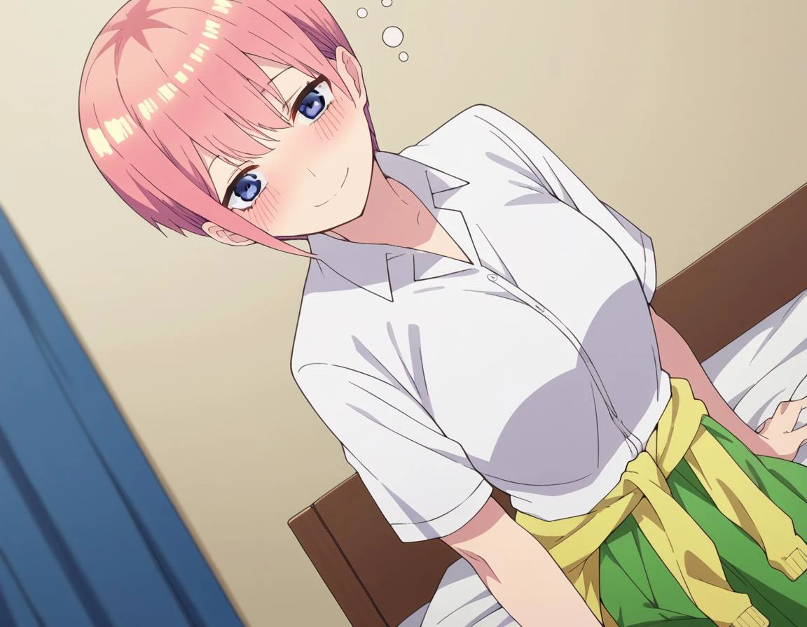 score_9, score_8_up, score_7_up, source_anime,
ichikanakano, <lora:ichika-nakano-s2-ponyxl-lora-nochekaiser:1>,
ichika nakano, short hair, bangs, blue eyes, hair between eyes, pink hair, pixie cut, smile, mature female,
skirt, shirt, school uniform, white shirt, short sleeves, pleated skirt, collared shirt, sweater, green skirt, clothes around waist,
indoors, bed, bed room, on side, blush, drunk,
looking at viewer, cowboy shot, solo, dutch angle,