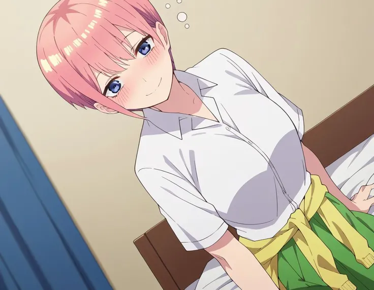 score_9, score_8_up, score_7_up, source_anime,
ichikanakano, <lora:ichika-nakano-s2-ponyxl-lora-nochekaiser:1>,
ichika nakano, short hair, bangs, blue eyes, hair between eyes, pink hair, pixie cut, smile, mature female,
skirt, shirt, school uniform, white shirt, short sleeves, pleated skirt, collared shirt, sweater, green skirt, clothes around waist,
indoors, bed, bed room, on side, blush, drunk,
looking at viewer, cowboy shot, solo, dutch angle,
