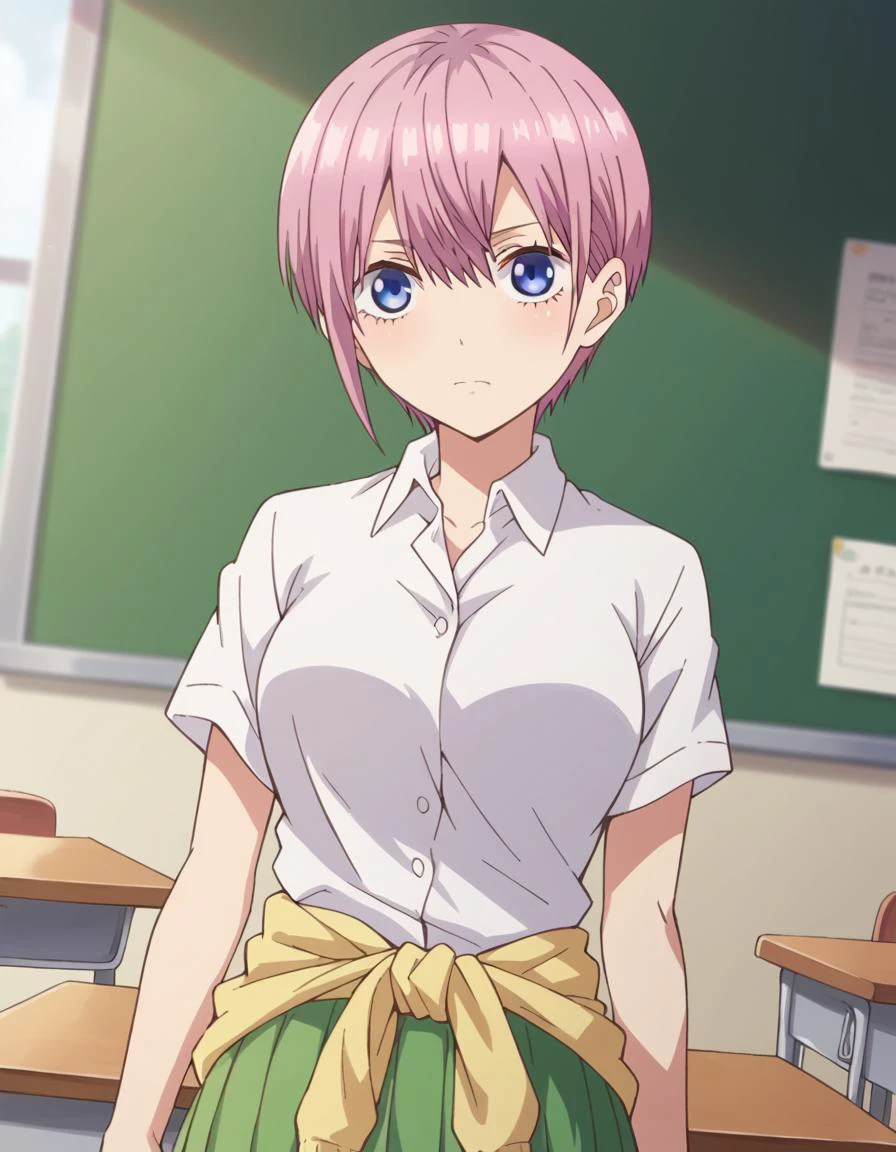 score_9, score_8_up, score_7_up, source_anime,
ichikanakano, <lora:ichika-nakano-s1-ponyxl-lora-nochekaiser:1>,
ichika nakano, short hair, bangs, blue eyes, hair between eyes, pink hair, pixie cut,
skirt, shirt, school uniform, white shirt, short sleeves, pleated skirt, collared shirt, sweater, green skirt, clothes around waist,
indoors, classroom,
looking at viewer, cowboy shot, dutch angle, solo,