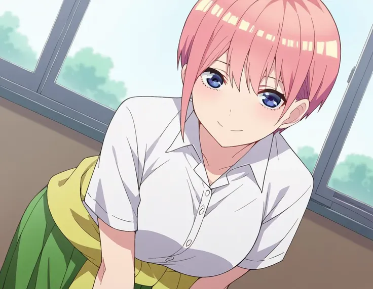 score_9, score_8_up, score_7_up, source_anime,
ichikanakano, <lora:ichika-nakano-s2-ponyxl-lora-nochekaiser:1>, 
ichika nakano, short hair, bangs, blue eyes, hair between eyes, pink hair, pixie cut, smile, mature female,
skirt, shirt, school uniform, white shirt, short sleeves, pleated skirt, collared shirt, sweater, green skirt, clothes around waist,
indoors, classroom, smile, bent over,
looking at viewer, cowboy shot, solo, dutch angle,