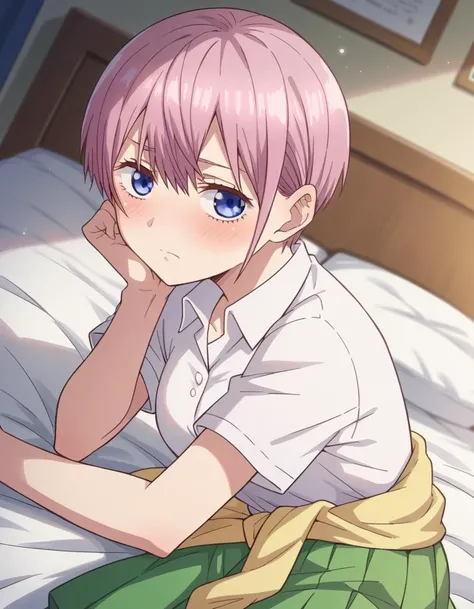 score_9, score_8_up, score_7_up, source_anime,
ichikanakano, <lora:ichika-nakano-s1-ponyxl-lora-nochekaiser:1>,
ichika nakano, short hair, bangs, blue eyes, hair between eyes, pink hair, pixie cut,
skirt, shirt, school uniform, white shirt, short sleeves, pleated skirt, collared shirt, sweater, green skirt, clothes around waist,
indoors, bed, bed room, on side, blush, drunk,
looking at viewer, cowboy shot, dutch angle, solo,