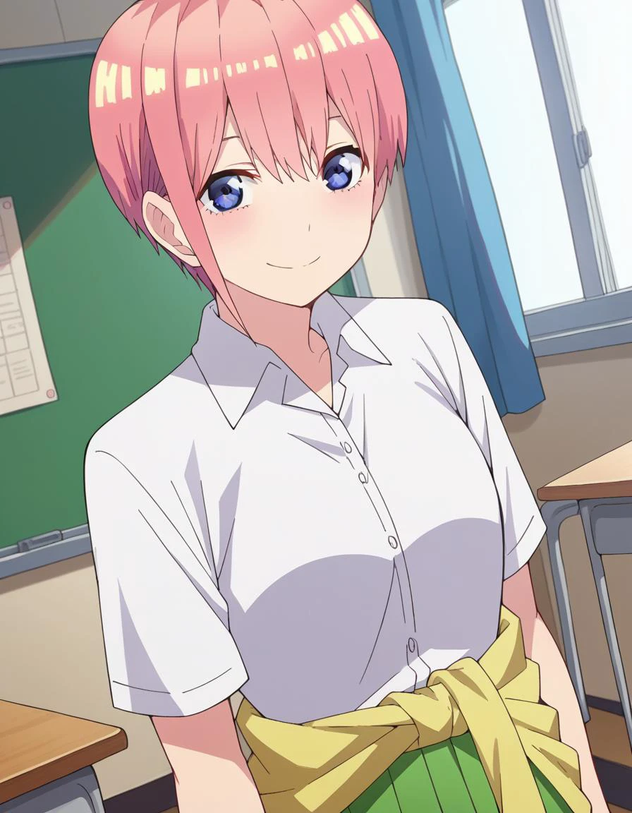 score_9, score_8_up, score_7_up, source_anime,
ichikanakano, <lora:ichika-nakano-s2-ponyxl-lora-nochekaiser:1>,
ichika nakano, short hair, bangs, blue eyes, hair between eyes, pink hair, pixie cut, smile, mature female,
skirt, shirt, school uniform, white shirt, short sleeves, pleated skirt, shoes, socks, collared shirt, black footwear, sweater, white socks, green skirt, loafers, clothes around waist,
indoors, classroom, smile,
looking at viewer, cowboy shot, solo, dutch angle,