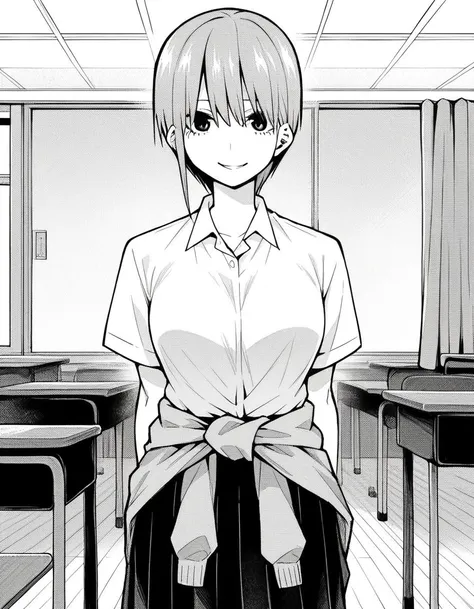 score_9, score_8_up, score_7_up, source_anime,
ichikanakano, <lora:ichika-nakano-manga-ponyxl-lora-nochekaiser:1>,
ichika nakano, short hair, bangs, hair between eyes, monochrome, greyscale,
skirt, shirt, school uniform, white shirt, short sleeves, pleated skirt, shoes, socks, collared shirt, black footwear, sweater, white socks, loafers, clothes around waist,
indoors, classroom, smile,
looking at viewer, straight-on, solo, cowboy shot, mature female,