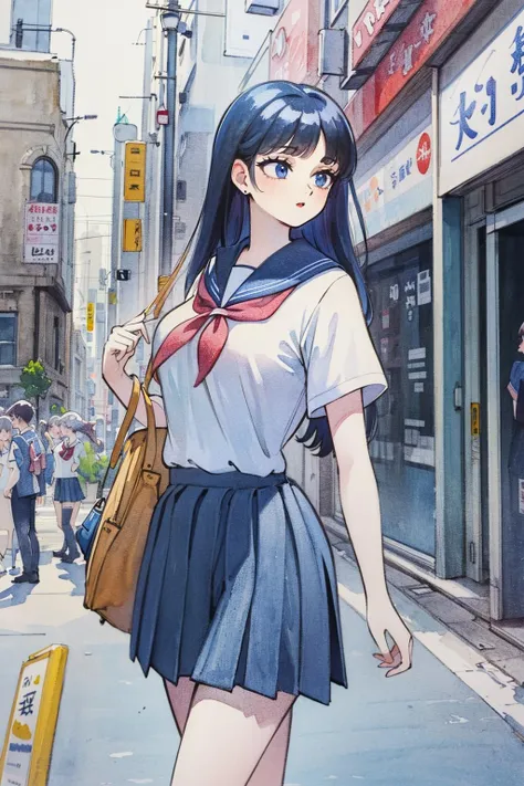 ((masterpiece)), (best quality), official art, extremely detailed CG, unity 8k wallpaper, ultra detailed,
kojima, long hair, mature female, (school uniform:1.4), outdoors, city, street, building,
retro artstyle, traditional media, watercolor \(medium\),
<lora:kojima:0.8>
