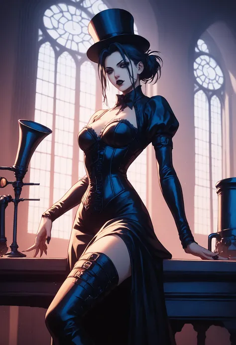 zPDXL, score_9, score_8_up, score_7_up, score_6_up, score_5_up, score_4_up
BREAK absurd res, detailed, inside, steampunk, cogs, machinery, pipes, steam, clockwork
BREAK 1girl, catgirl, goth, makeup, victorian clothing, corset, skirt, thigh boots, top hat, leaning on desk
<lora:Caliginous_ponyXL_v10:1.1>