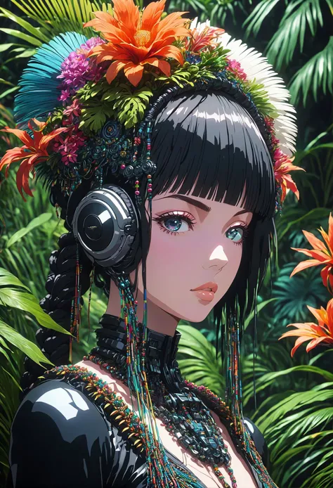 (anime), Dollette aesthetic, a regal Faroe Islander woman wearing a cybernetic headset, embellished beaded feather decorative fringe knots, colorful pigtail, subtropical flowers and plants, perfect symmetrical body shape, symmetrical face, elegant, soft-hued colors, stunning background. dark and moody, a mesmerizing blend of light and shadow. masterpiece, absurdres, intricate details <lora:Caliginous:1.2>