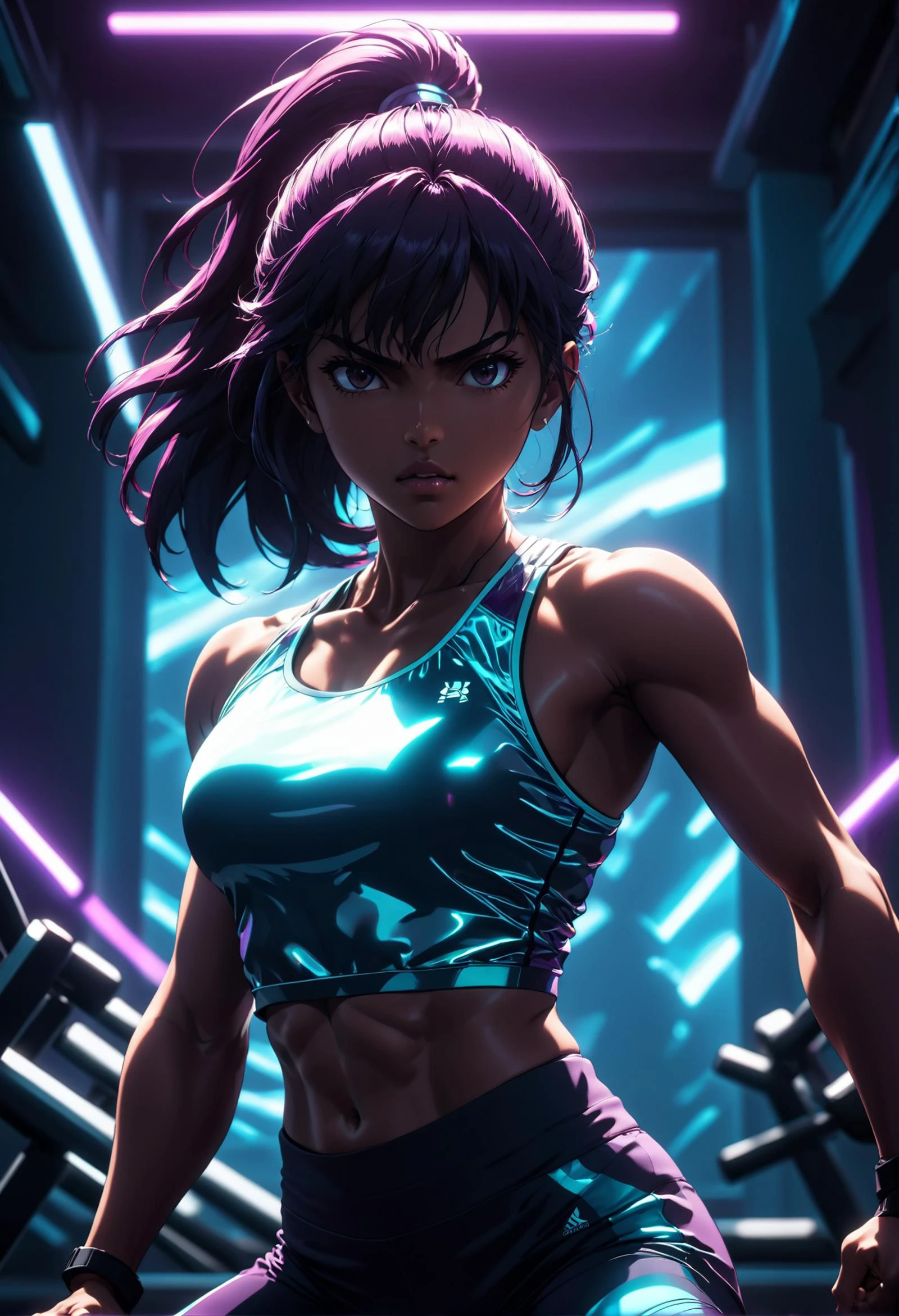 (anime), Girl-Next-Door aesthetic, a fierce Maldivian woman in a comfortable workout outfit, crushing a HIIT workout with unwavering determination, holographic colors, stunning background. dark and moody, a mesmerizing blend of light and shadow. masterpiece, absurdres, intricate details <lora:Caliginous:1.2>