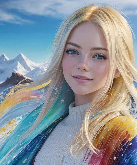 poprtait of 16 yo (smiling:0.7) blondie (Emma Stone:0.8), (watercolor:1.2), mountains, sea,(fantasy:1.1),  trending on artstation, complicated details, cinematic illumination, post production, ray tracing ambient occlusion, shaders, tone mapping, fantasy, (ultra detailed background:1.2), (natural skin texture, ultra realism), <lora:Fractality:0.6> Fractality-snow
