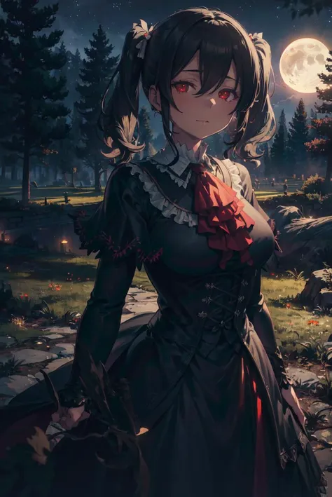 detailed illustration, of a mature woman, facing viewer, pretty face, akua shuzen, short black hair, twin tails, red eyes, capelet, ascot, black dress, long sleeves, looking at viewer, dynamic pose, outside, night sky, moon, dead trees, gothic, cinematic lighting, hires, volumetric lighting, highly detailed background, lights and shadows, backlit, masterpiece, <lora:add_detail:0.5> <lora:hairdetailer:0.5> <lora:akuashuzen-nvwls-v1:0.9>