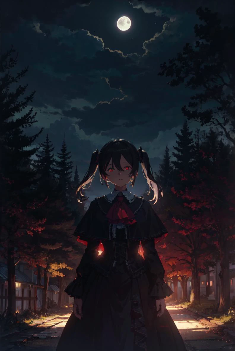 detailed illustration, of a mature woman, facing viewer, pretty face, akua shuzen, short black hair, twin tails, red eyes, capelet, ascot, black dress, long sleeves, looking at viewer, dynamic pose, outside, night sky, moon, dead trees, gothic, cinematic lighting, hires, volumetric lighting, highly detailed background, lights and shadows, backlit, masterpiece, <lora:add_detail:0.5> <lora:hairdetailer:0.5> <lora:akuashuzen-nvwls-v1:0.9>