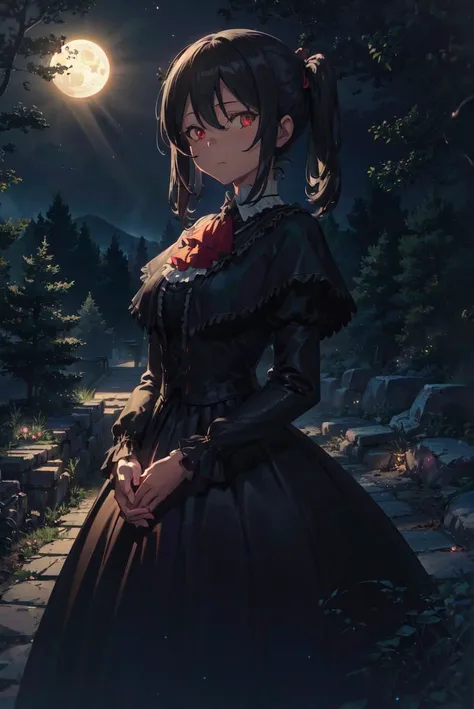 detailed illustration, of a mature woman, facing viewer, pretty face, akua shuzen, short black hair, twin tails, red eyes, capelet, ascot, black dress, long sleeves, looking at viewer, dynamic pose, outside, night sky, moon, dead trees, gothic, cinematic lighting, hires, volumetric lighting, highly detailed background, lights and shadows, backlit, masterpiece, <lora:add_detail:0.5> <lora:hairdetailer:0.5> <lora:akuashuzen-nvwls-v1:0.9>