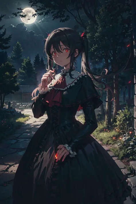 detailed illustration, of a mature woman, pretty face, akua shuzen, black hair, twin tails, red eyes, capelet, ascot, black dress, long sleeves, looking at viewer, outside, night sky, moon, dead trees, gothic, cinematic lighting, hires, volumetric lighting, highly detailed background, lights and shadows, backlit, masterpiece, <lora:add_detail:0.5> <lora:hairdetailer:0.5> <lora:akuashuzen-nvwls-v1:0.9>