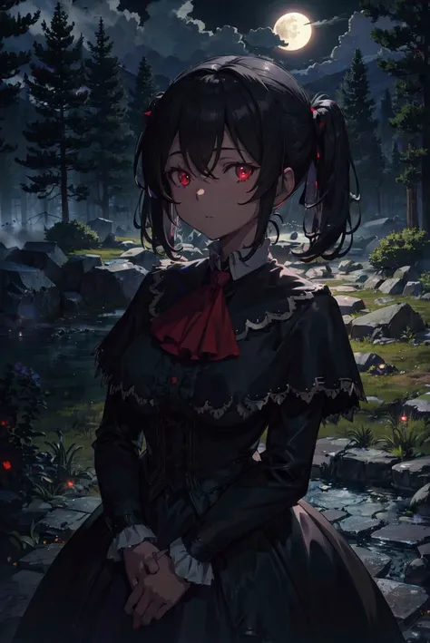 detailed illustration, of a mature woman, facing viewer, pretty face, akua shuzen, short black hair, twin tails, red eyes, capelet, ascot, black dress, long sleeves, looking at viewer, outside, night sky, moon, dead trees, gothic, cinematic lighting, hires, volumetric lighting, highly detailed background, lights and shadows, backlit, masterpiece, <lora:add_detail:0.5> <lora:hairdetailer:0.5> <lora:akuashuzen-nvwls-v1:0.9>