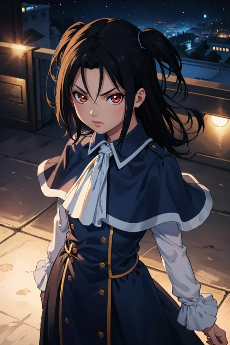 masterpiece, best quality, <lora:akuashuzen-nvwls-v1:0.9> akua shuzen, red eyes, capelet, ascot, black dress, long sleeves, cowboy shot, looking at viewer, furrowed brow, serious, from above, night