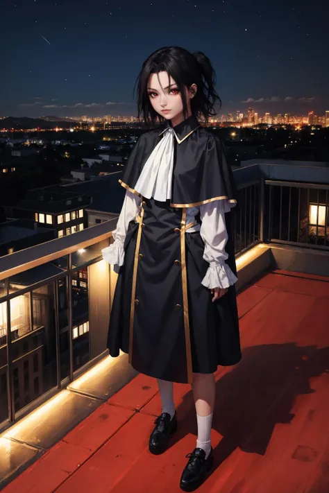 masterpiece, best quality, <lora:akuashuzen-nvwls-v1:0.9> akua shuzen, red eyes, capelet, ascot, black dress, long sleeves, standing, night, standing on rooftop, cityscape, looking at viewer, serious