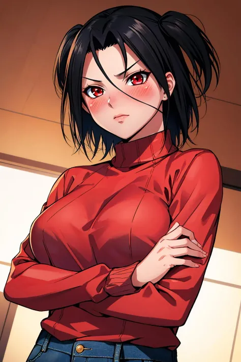 muscular girl huge breasts against wall black hair yellow eyes frown tight red shirt muscular muscular