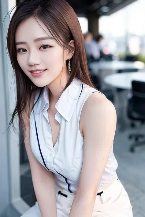 (skin blemish:0.8), (skindentation), black eye, 1woman, 25yo, (((woman))), solo, realistic, best quality, photorealistic, masterpiece, 8k, high res, solo, extremely detailed face, (professional lighting, bokeh), (light particles, lens flare, glowing particles:0.6), (dynamic pose:1.2), soft lighting, top angle view, fashionable and trendy atmosphere, China, Shanghai, street, city, park, shop, river, ((daytime)), sky, windy, ((looking at the viewer:1)), (looking at the camera),(portrait:0.6), cowboy shot, gorgeous, standing, hands down, keep original facial proportion, wide shoulder, full body, (small breast), (medium hair), brown hair, floating hair, lips, lipstick, smile, floating hair, smile, open_mouth, teeth, office suit, uniform, short sleeves blouse, long skirt, eyelashes, mole, (mole under eye:1), <lora:MaSC:0.8>
