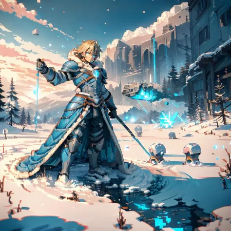 <lora:Voxel:1>,3d pixel art,vpa,concept art background \(Voxel\),vbcb,, masterpiece, hyper detailed, intricate detail, high-resolution, 8k wallpaper, (((A young man, leading a massive army of humans into battle))) holding 1 blue glowing greatsword, long blonde hair, ((glowing blue eyes)), Messy hair, Handsome face, Stubble, beautiful eyes, Resentful eyes, Squint, eyes focus, (((looking at viewer ))), Stubble, Clench brows, Tall stature, skull armor, Heavy armor, (wide fur cape), Blizzard, snow, On the snowy mountain, mystical sky, detailed cloudscape, outdoors, ((action pose)), particles, volumetric lighting, sharp focus, cinematic lighting, soft colors, high detail, blue lightning in the background