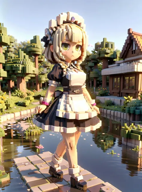 <lora:VOXEL:1>,
masterpiece,best quality,(ray tracing,cinematic lighting),sunlight,, depth of field
(3d pixel art:1.5), (vpa:1.5), Voxel,, (minecraft:1.3),
1girl, thighhighs, maid headdress, maid, solo, apron, breasts, yellow eyes, black legwear, wrist cuffs, short sleeves, cleavage, looking at viewer, dress, black nails, frills, blonde hair, ribbon, puffy sleeves, black dress, white apron, braid, waist apron, character name, puffy short sleeves, bow, nail polish, closed mouth, black ribbon, medium breasts, enmaided, bangs, french braid, small breasts, hair ribbon, maid apron, eyebrows visible through hair