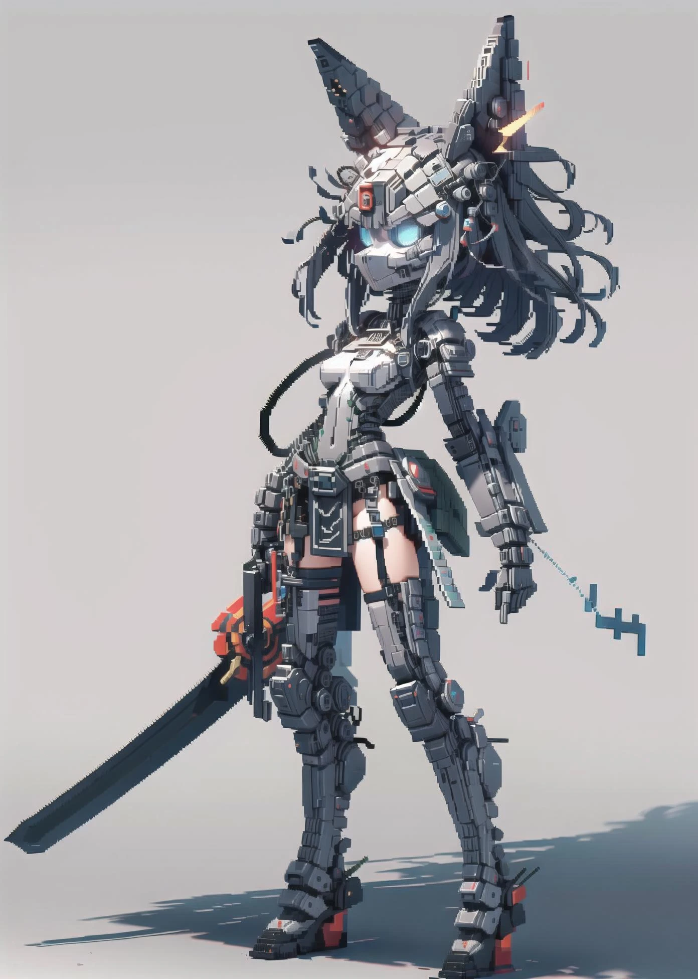 <lora:VOXEL:1>,(pixel art:1.5),
masterpiece,best quality,(ray tracing,cinematic lighting), ,
(3d pixel art:1.5), (Voxel:1.5), (minecraft:1.5),
(mecha musume:1.3), weapon, sword, grey background, mask, solo, 1girl, sheath, simple background, sheathed, standing,mechanical mask, mecha musume, holding sword, full body,ears, mechanization, breasts, small breasts, blue eyes,mechanical parts, humanoid robot, robot joints,(cyberpunk:1.3),