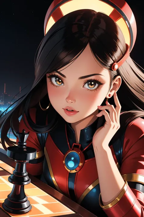 1girl, epic portrait, fairy tale, close up of a 1950'S Saturated Filipino ([Chess board|Red Dwarf] of Doom:1.3) , it is sleek, it is anthropomorphic reimagined as a pokemon game character gym leader character, [Futuristic:Bewitching:15] Mordor in background, crowded field with Seedling, at Overcast, horizon-centered, landscape art, (abstract art designed by Charles Reiffel:1.1) , (Robert Stivers:1.1) , Regret, Cyberpop, Beautifully Lit, Depth of field 100mm, Colorful, Kintsugi, moody, beautiful, 8K